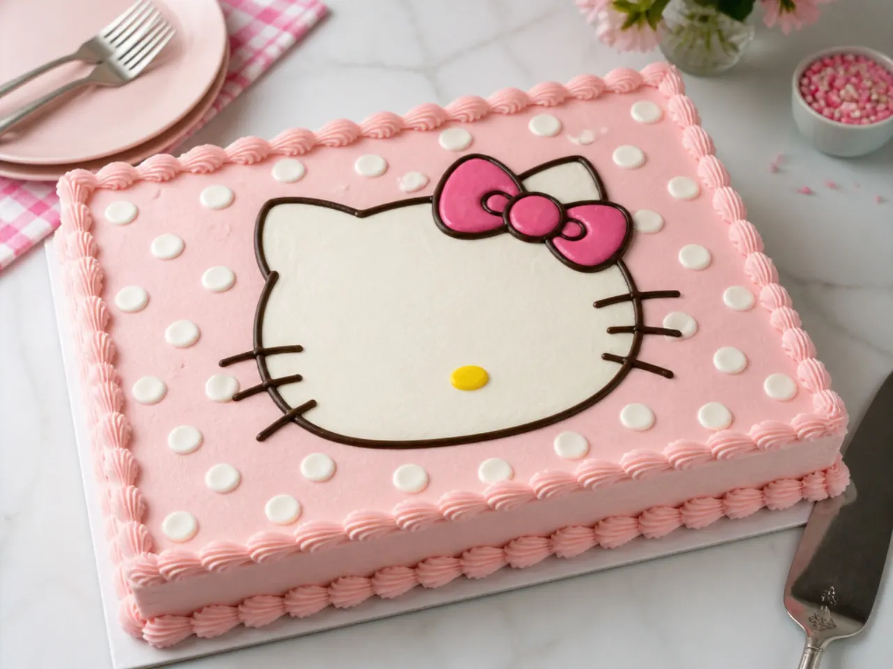 Easy Hello Kitty birthday cake sheet cake with pink frosting and white polka dots