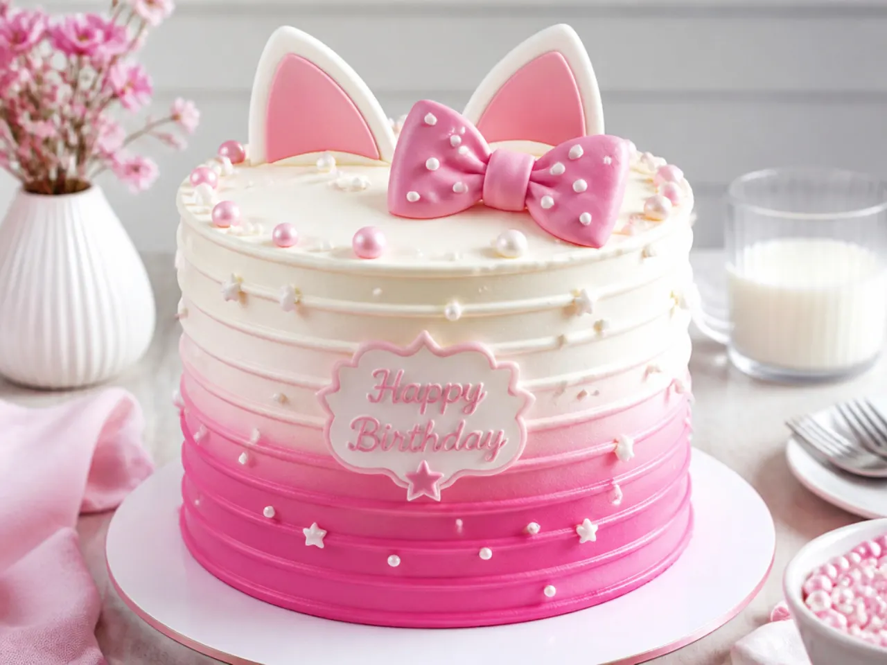 Elegant ombre Hello Kitty birthday cake in blush pink with edible sugar pearls