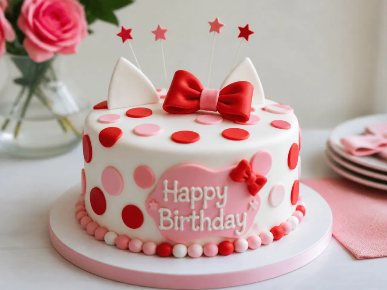 Playful Hello Kitty birthday cake covered in red and pink fondant polka dots