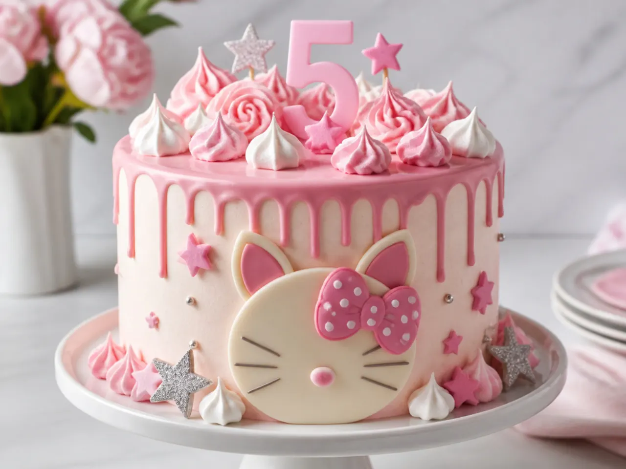 Modern Hello Kitty birthday cake with pink chocolate drip and meringue kisses