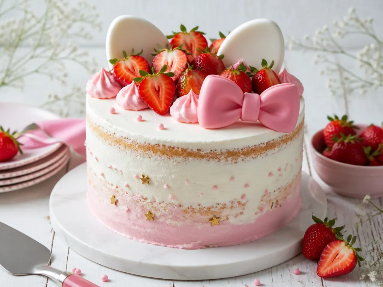 Rustic semi-naked Hello Kitty birthday cake topped with fresh strawberries