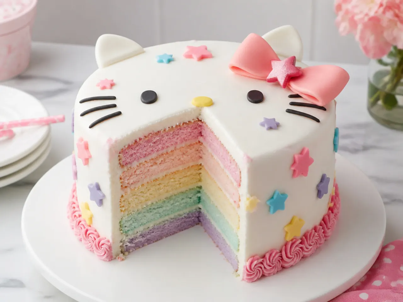 Colourful Hello Kitty birthday cake sliced open to reveal pastel rainbow layers