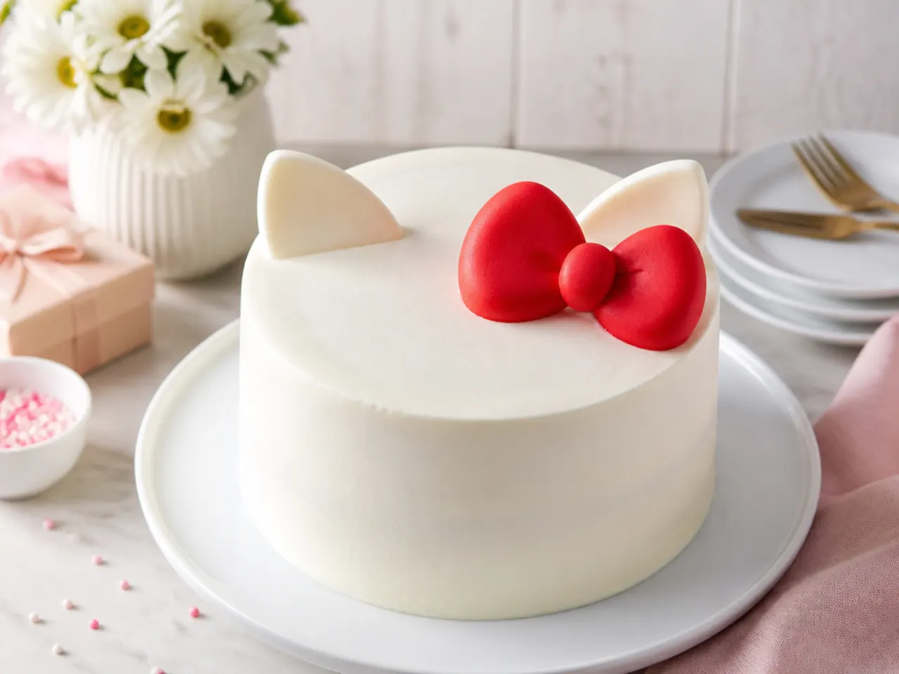 Minimal white Hello Kitty birthday cake with a single red fondant bow