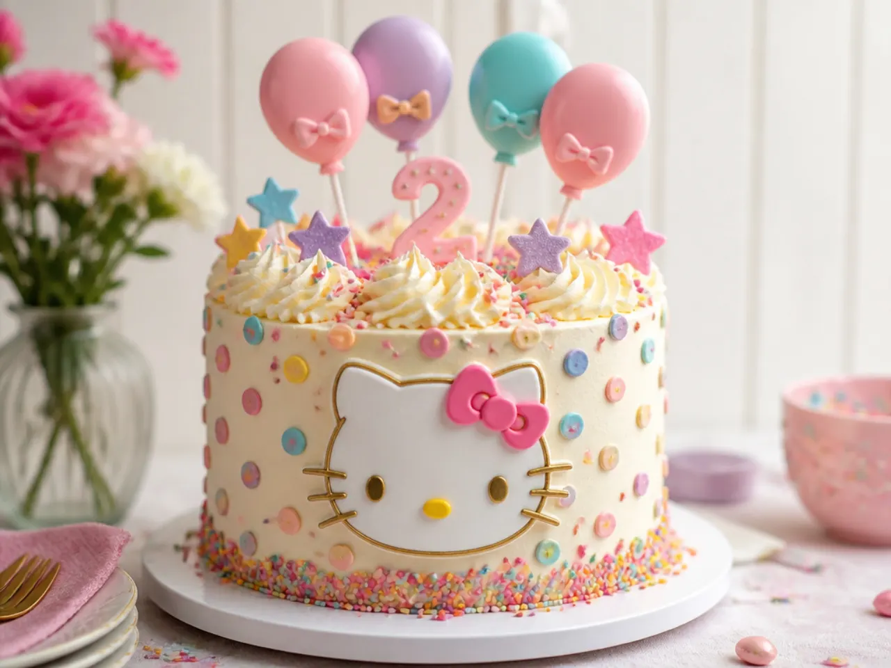 Festive funfetti Hello Kitty birthday cake with piped confetti dots and balloon toppers