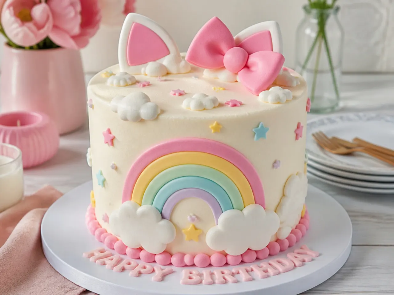 Whimsical Hello Kitty birthday cake with buttercream clouds and a pastel fondant rainbow
