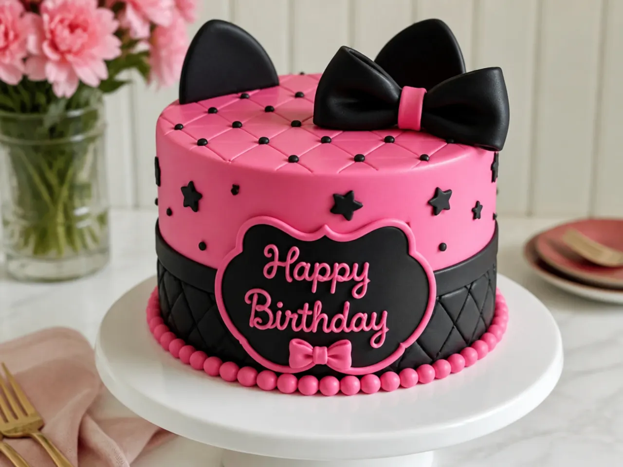 Bold pink and black Hello Kitty birthday cake with a black fondant bow