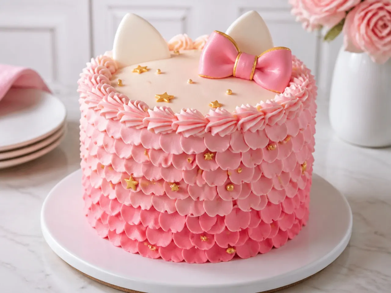 Delicate pink ruffle Hello Kitty birthday cake piped with a petal tip