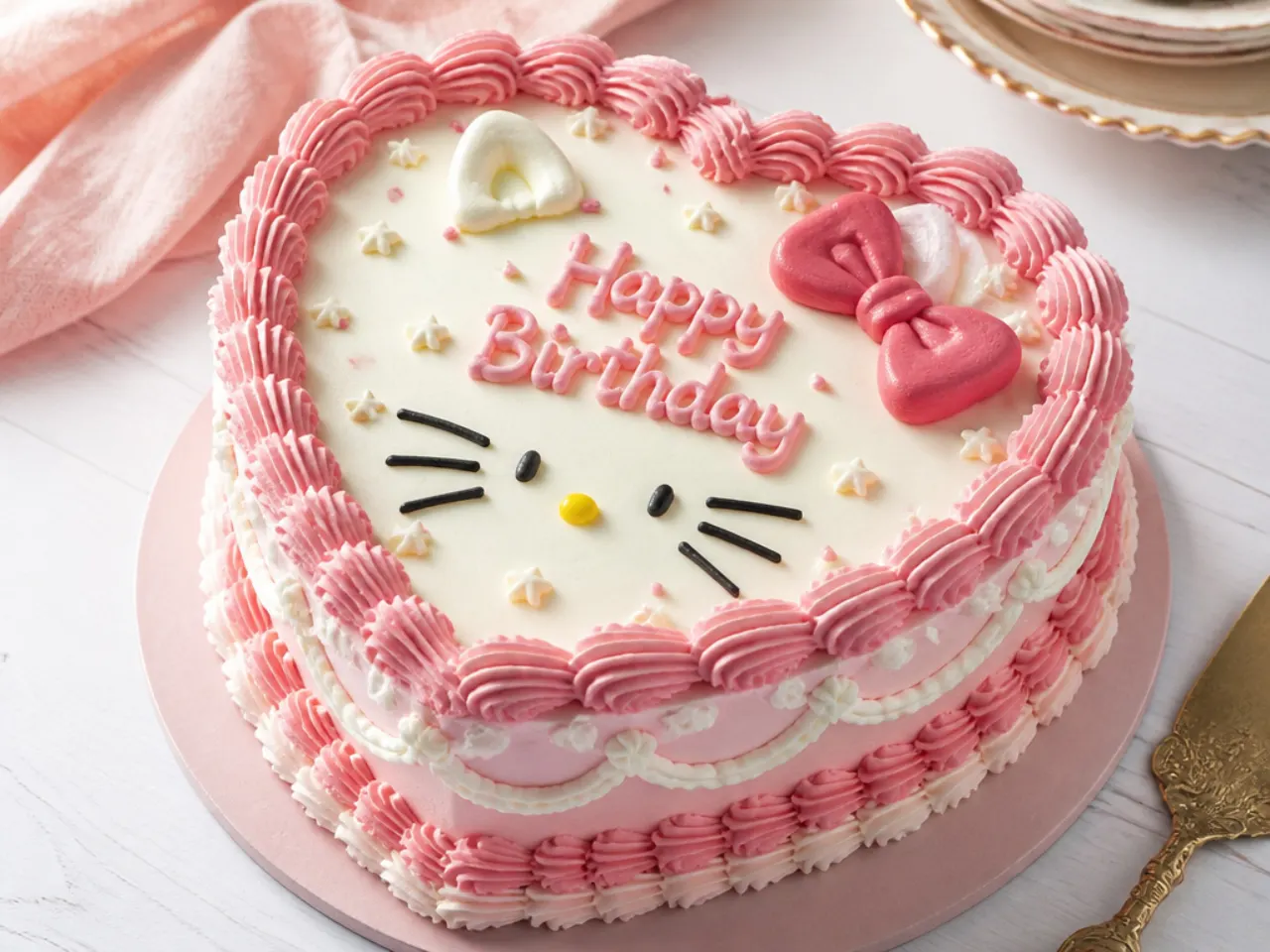 Vintage heart-shaped Hello Kitty birthday cake with Lambeth-style piping
