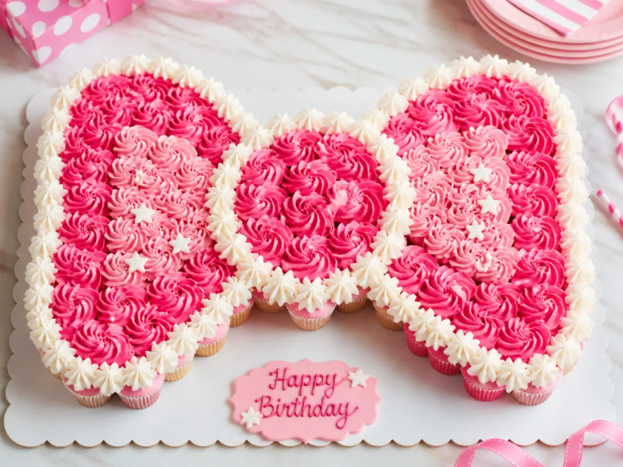 Pull-apart cupcake Hello Kitty birthday cake arranged in a giant pink bow shape
