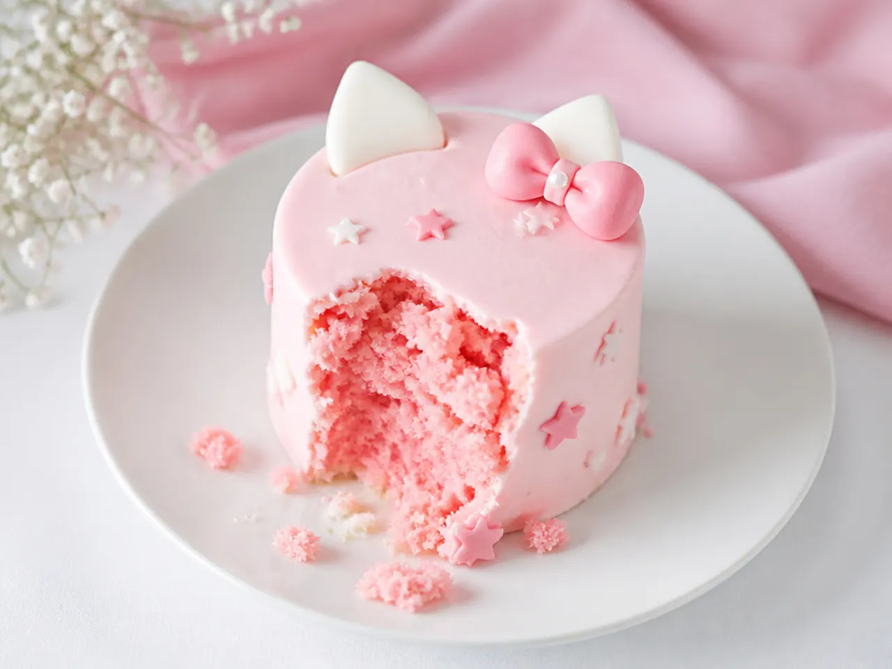 Mini Hello Kitty birthday smash cake in pale pink with fondant ears and a tiny bow
