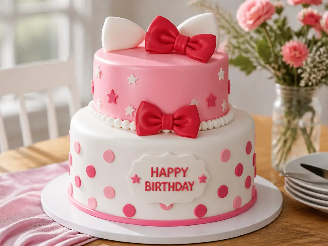 Two-tier Hello Kitty birthday cake with polka dots and a red bow topper