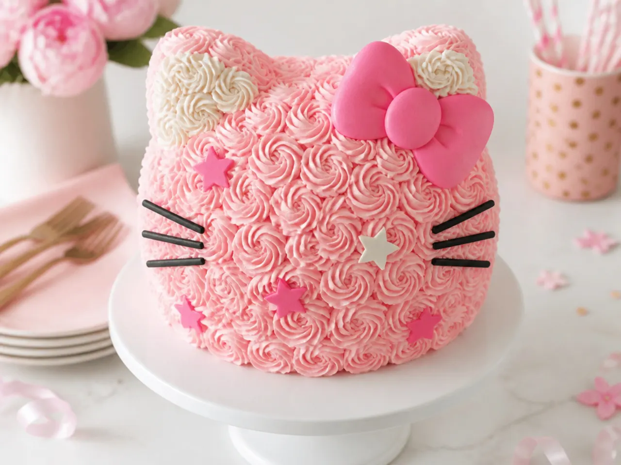 Easy Hello Kitty birthday cake covered in pink buttercream rosettes