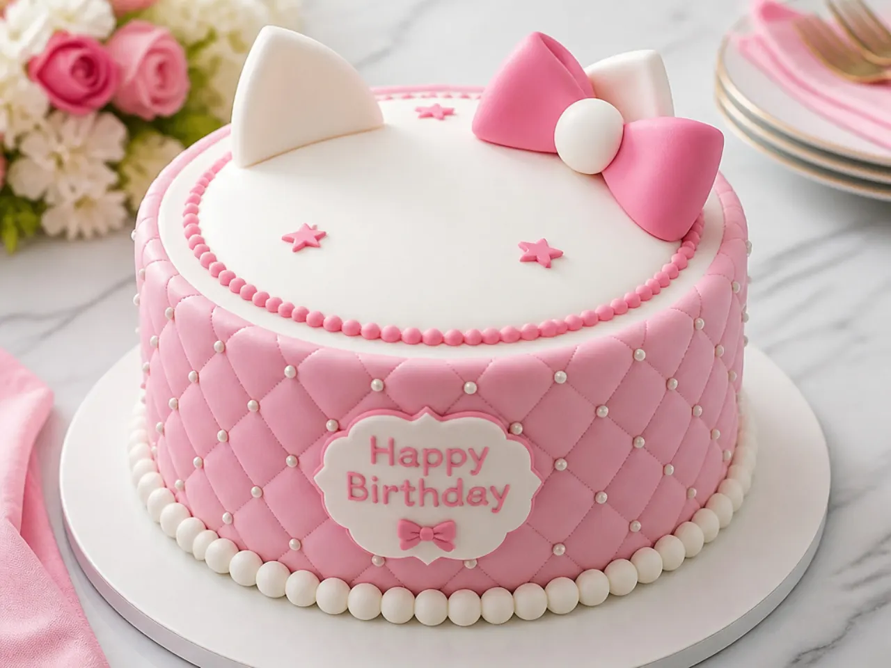 Elegant quilted fondant Hello Kitty birthday cake with edible pearls and pink bow