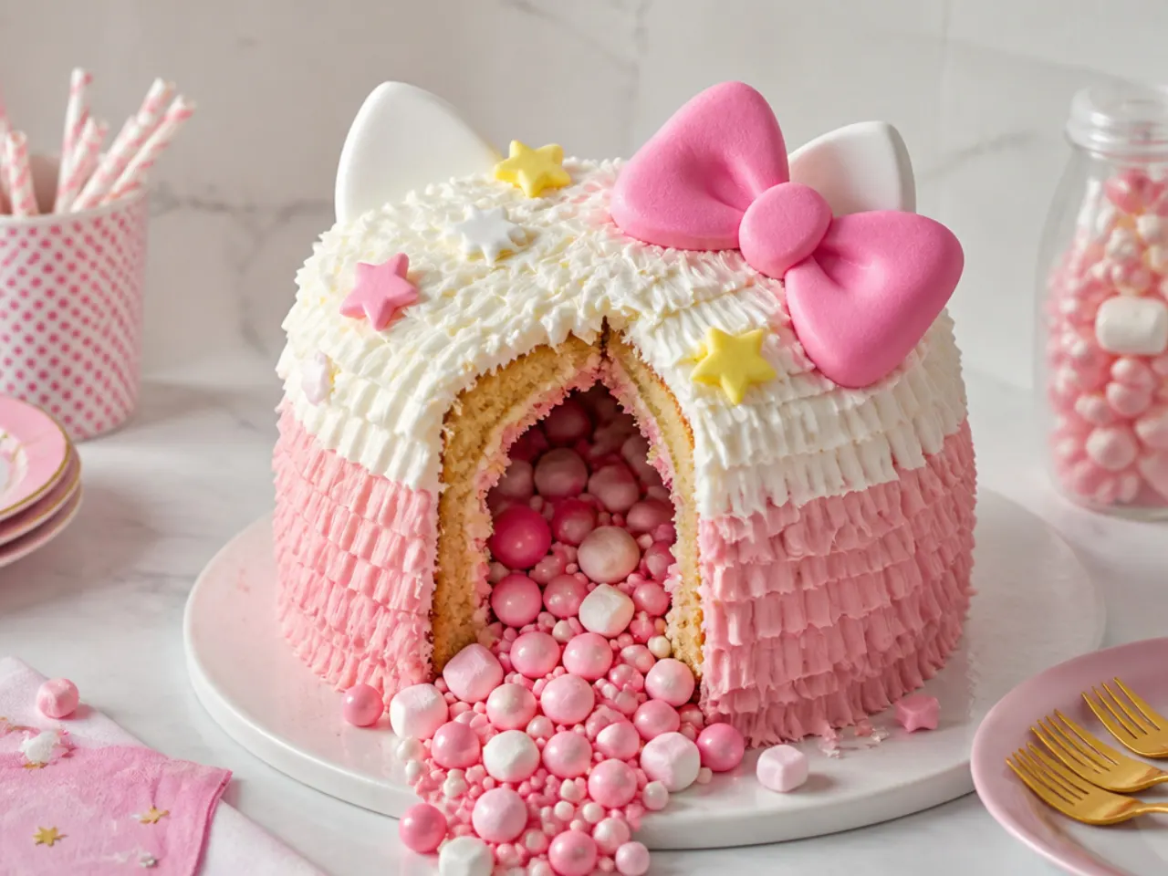 Playful Hello Kitty birthday pinata cake spilling pink and white sweets when cut