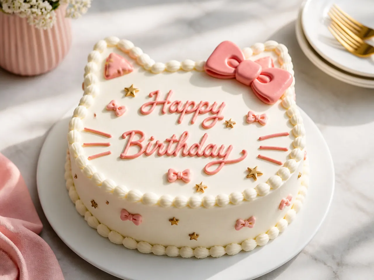Modern Korean-style Hello Kitty birthday cake with piped cursive lettering and tiny bows