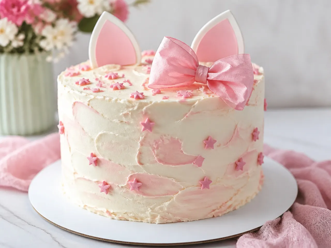 Rustic swirled buttercream Hello Kitty birthday cake with a wafer-paper bow