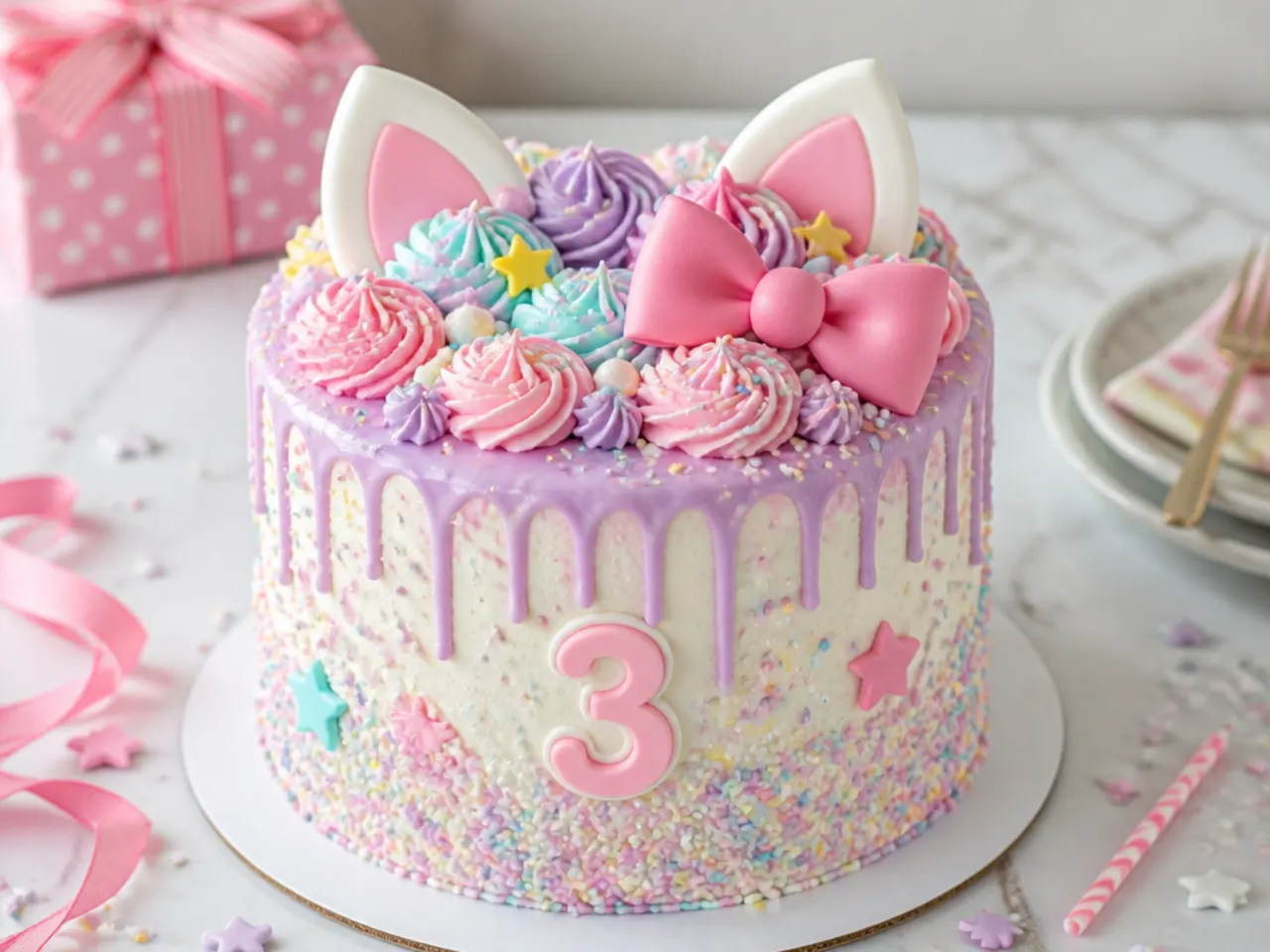 Colourful Hello Kitty birthday cake with pastel sprinkle-covered sides