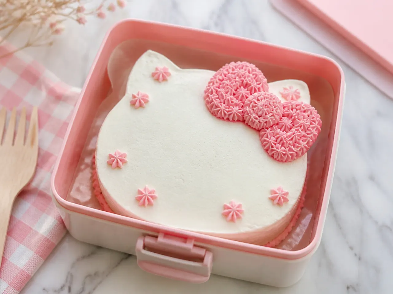 Minimal Hello Kitty birthday bento cake with a piped pink bow in a lunchbox