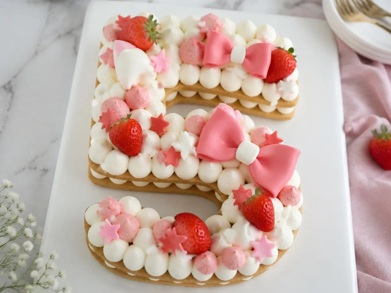 Number-shaped Hello Kitty birthday cake decorated with piped dollops, strawberries and bows