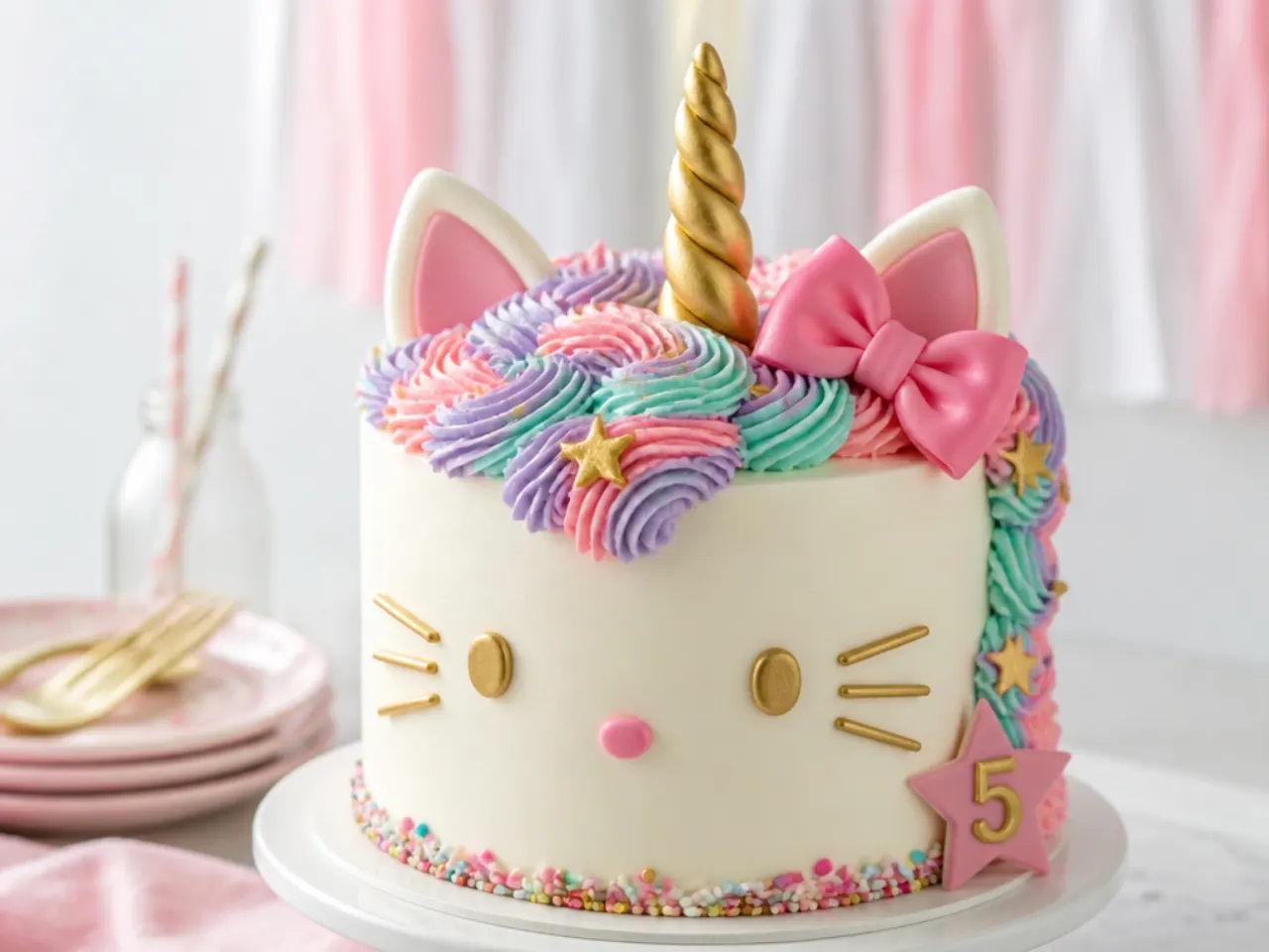 Whimsical unicorn crossover Hello Kitty birthday cake with pastel mane and gold horn