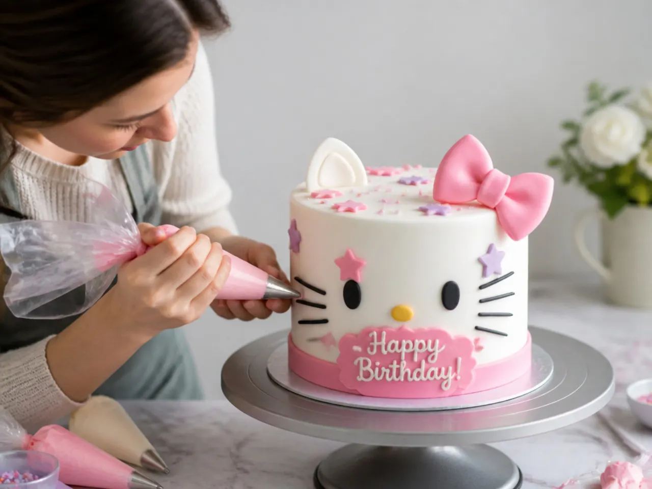 Home baker decorating a Hello Kitty birthday cake with piping bags and a turntable