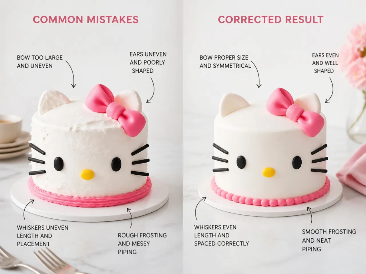 Comparison of common Hello Kitty cake decorating mistakes and corrected results