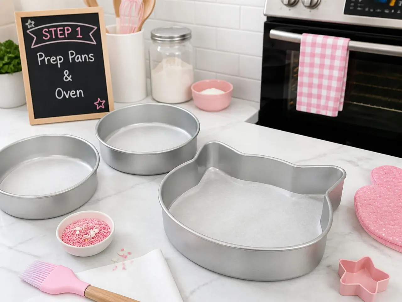hello kitty cake designs — step 1: prep pans and oven
