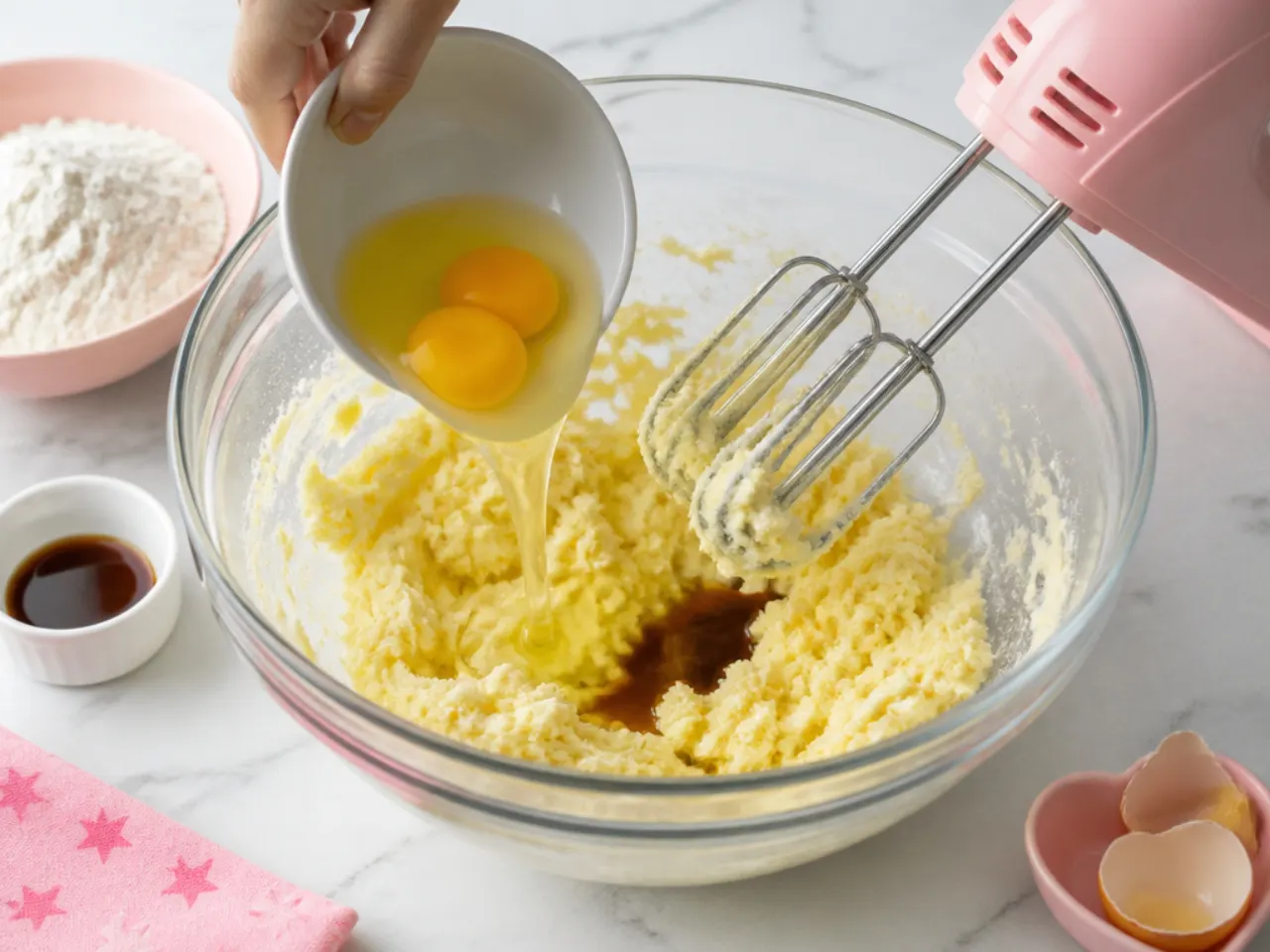 hello kitty cake designs — step 3: add eggs and vanilla