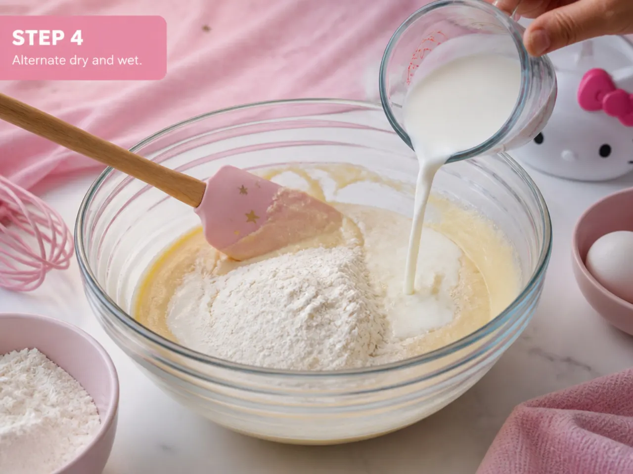 hello kitty cake designs — step 4: alternate dry and wet
