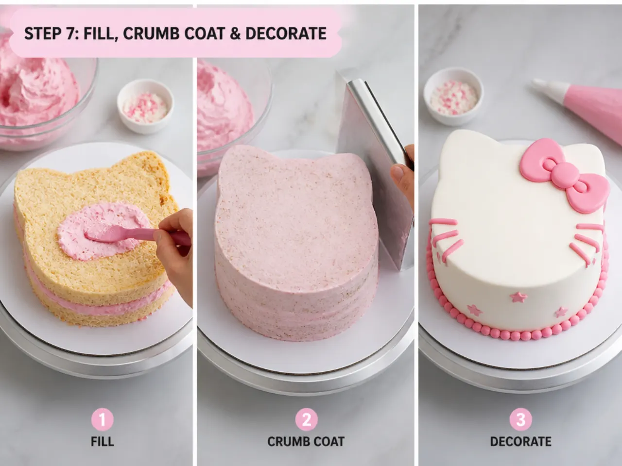 hello kitty cake designs — step 7: fill, crumb coat and decorate