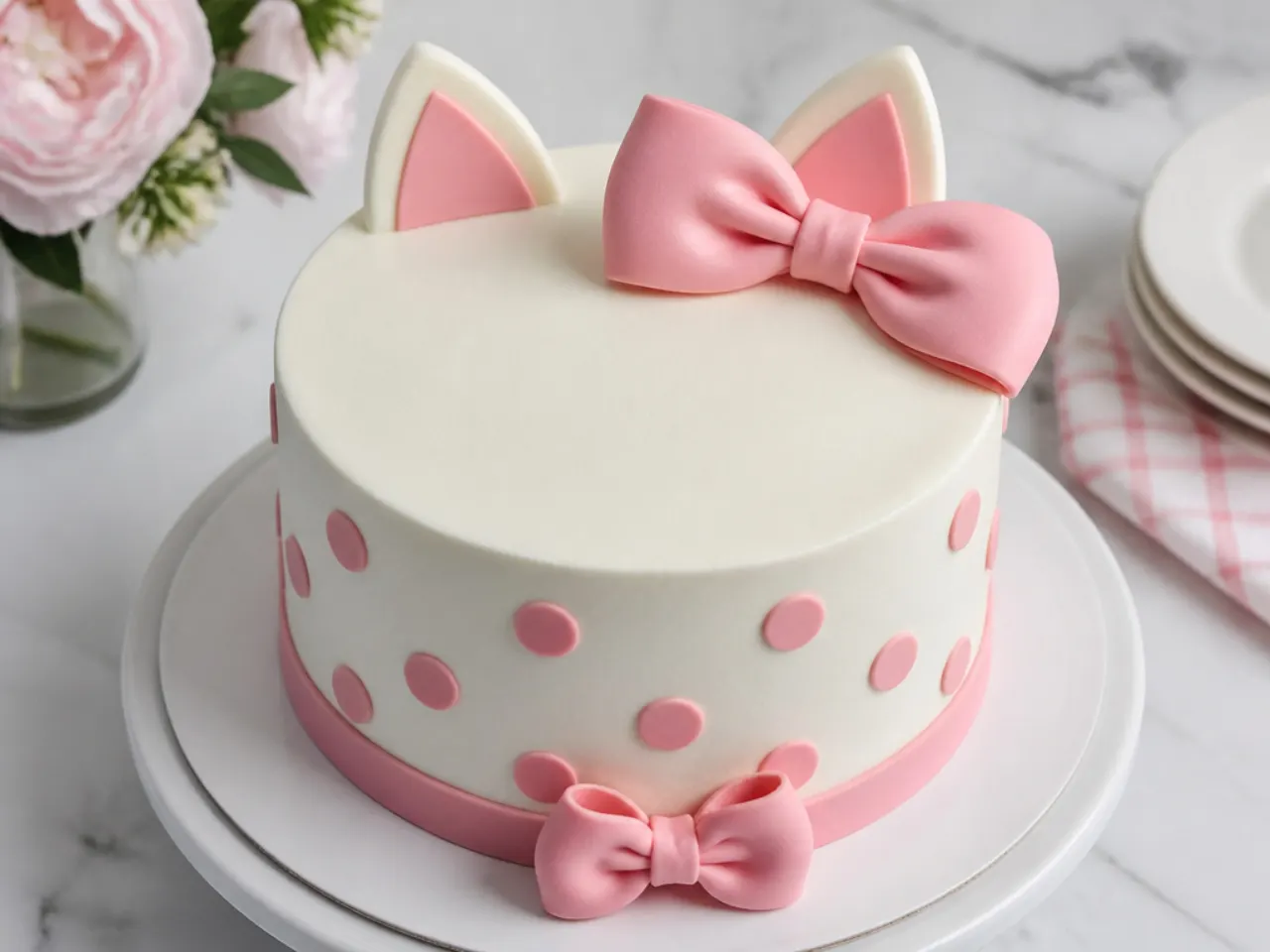 Classic round Hello Kitty cake design with pink bow and polka dots on white buttercream