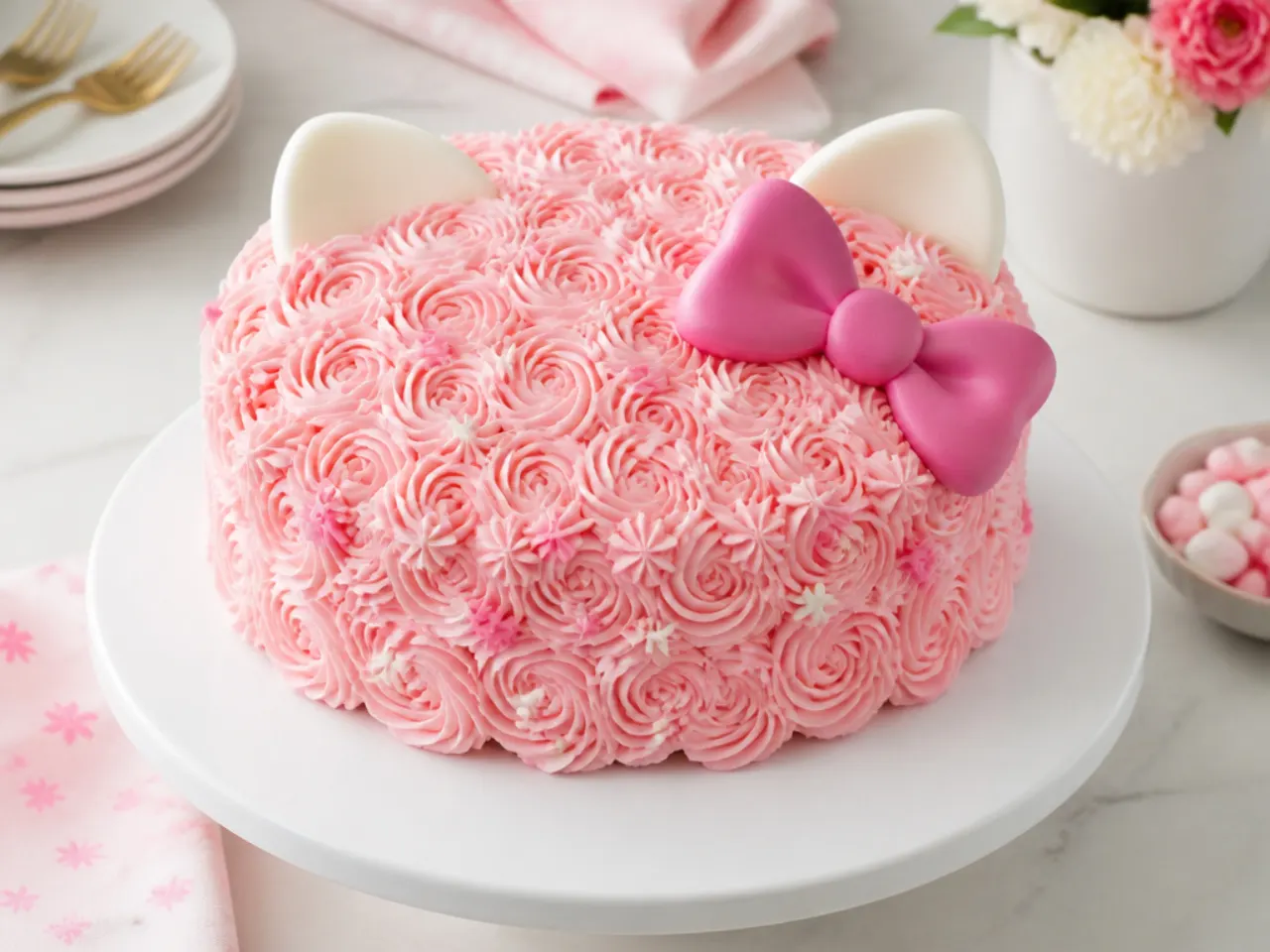 Easy beginner Hello Kitty cake design with piped pink rosettes and a bow