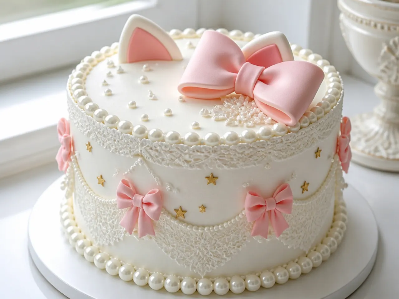 Elegant white Hello Kitty inspired cake design with edible pearls and lace piping