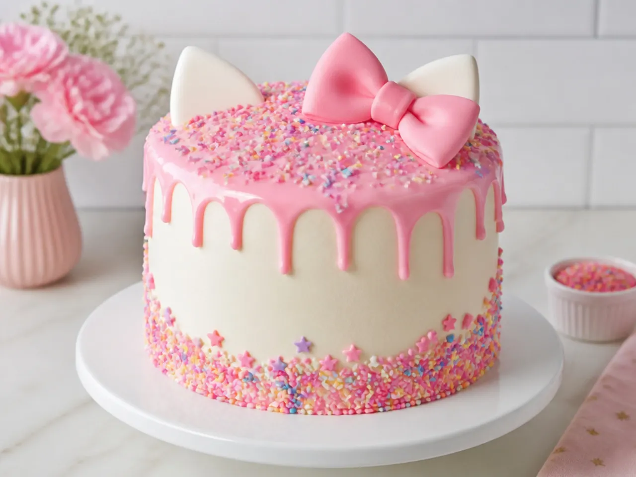 Playful Hello Kitty cake design with pink drip and rainbow sprinkles