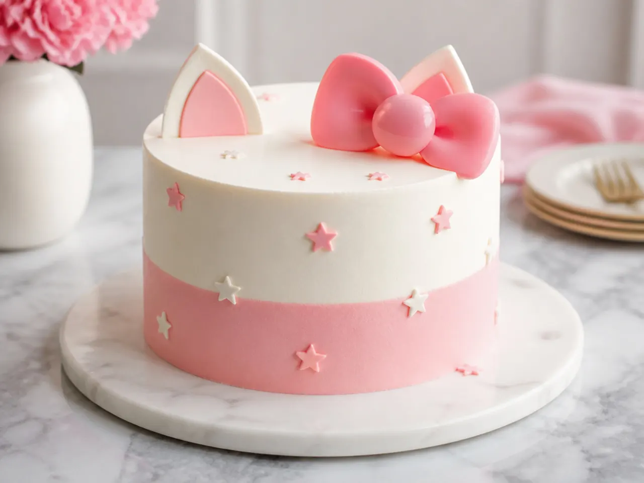 Modern minimalist Hello Kitty cake design with pink and white colour block