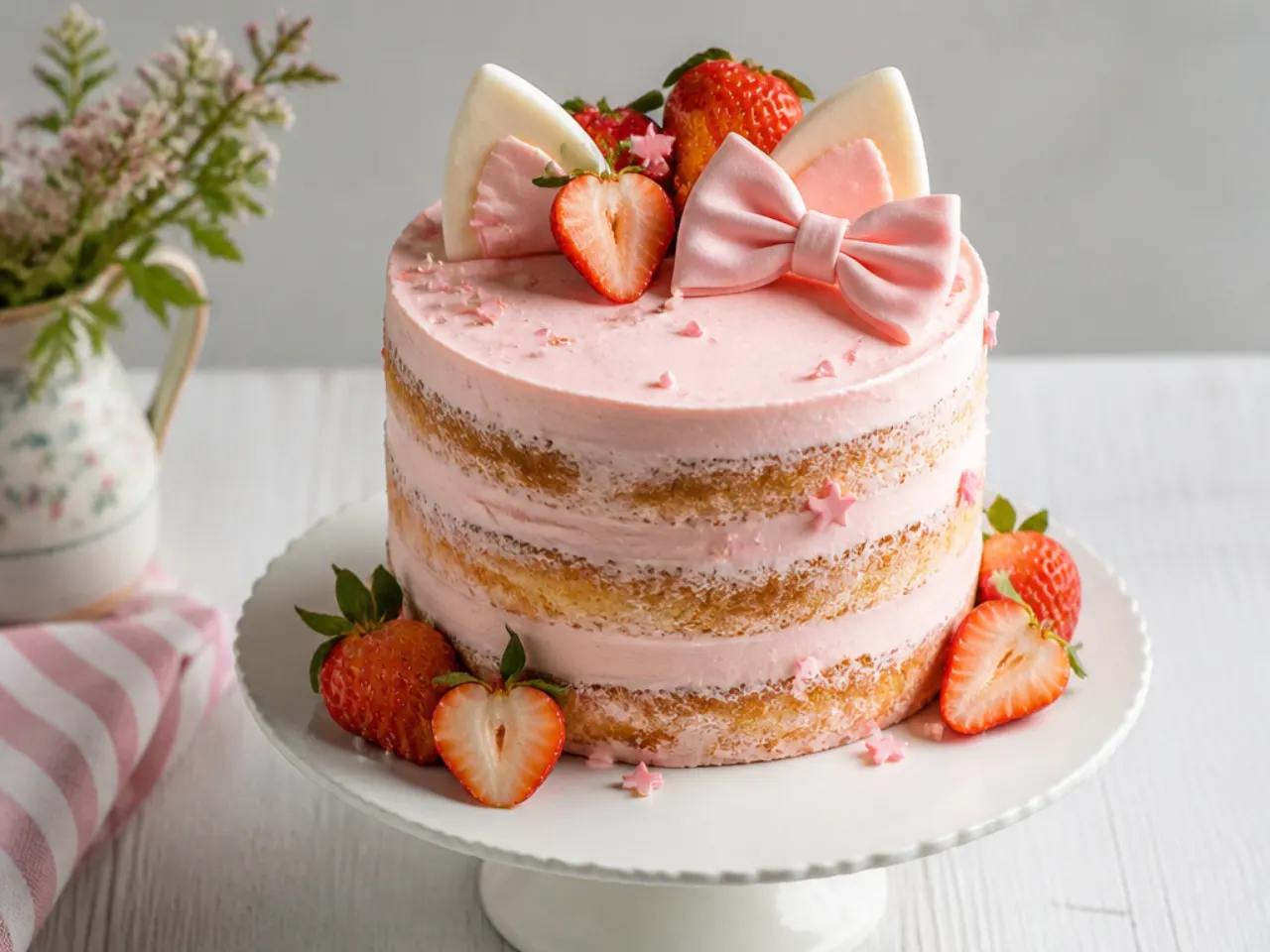 Rustic semi-naked Hello Kitty cake design with fresh strawberries and pink buttercream