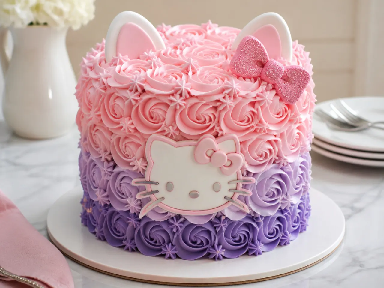 Colorful ombre rosette Hello Kitty cake design in pink and purple shades
