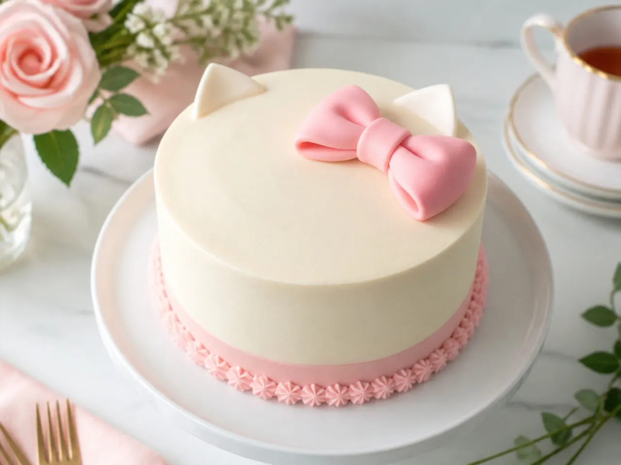 Minimal Hello Kitty cake design with a single large pink bow on smooth buttercream
