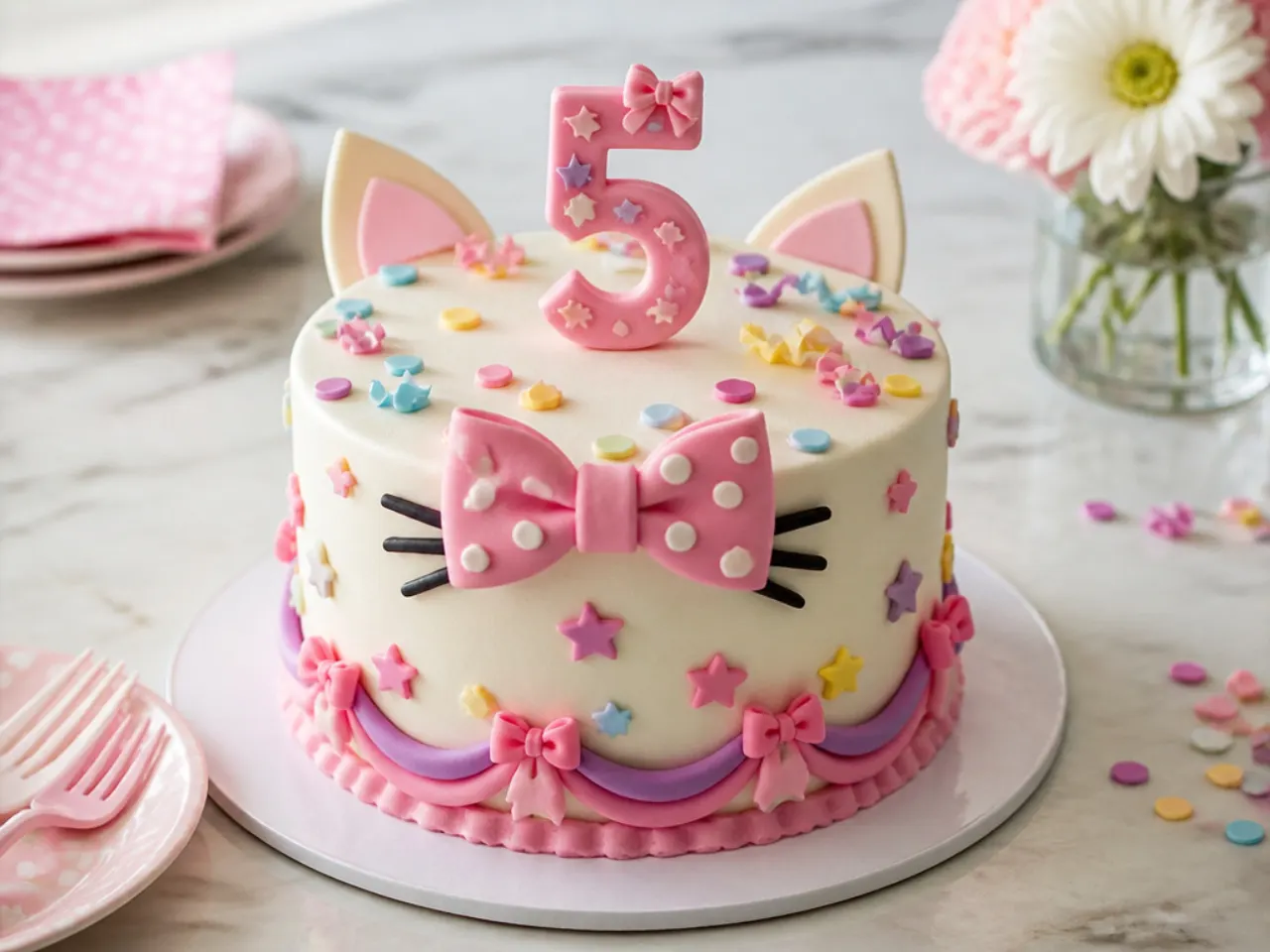 Festive Hello Kitty birthday cake design with fondant number and confetti