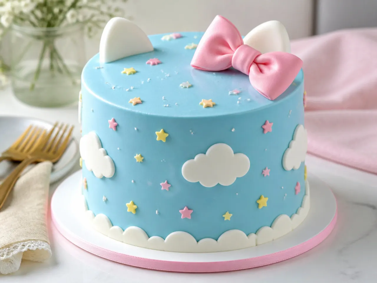 Whimsical Hello Kitty cake design with fondant clouds and stars on blue