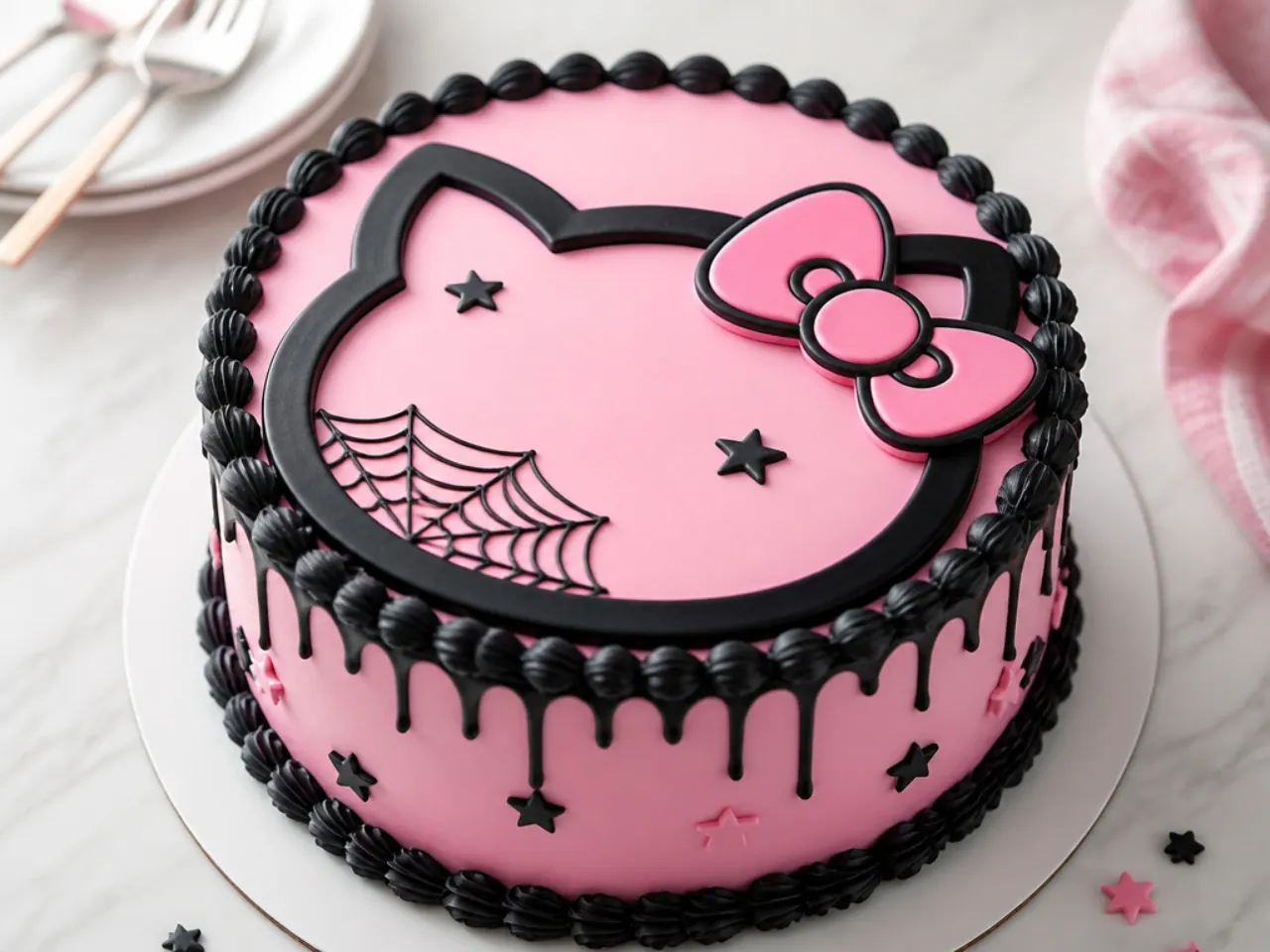 Bold black and pink Hello Kitty cake design with high contrast borders