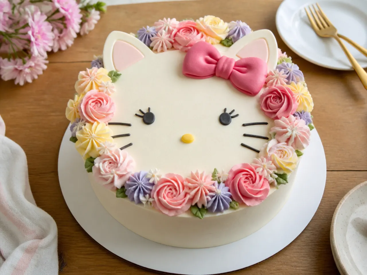 Delicate Hello Kitty cake design with a buttercream flower wreath