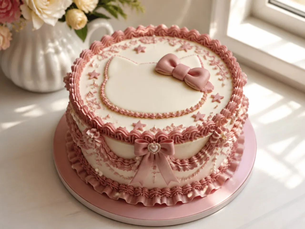 Vintage Hello Kitty cake design with piped scrolls and ruffles in dusty rose