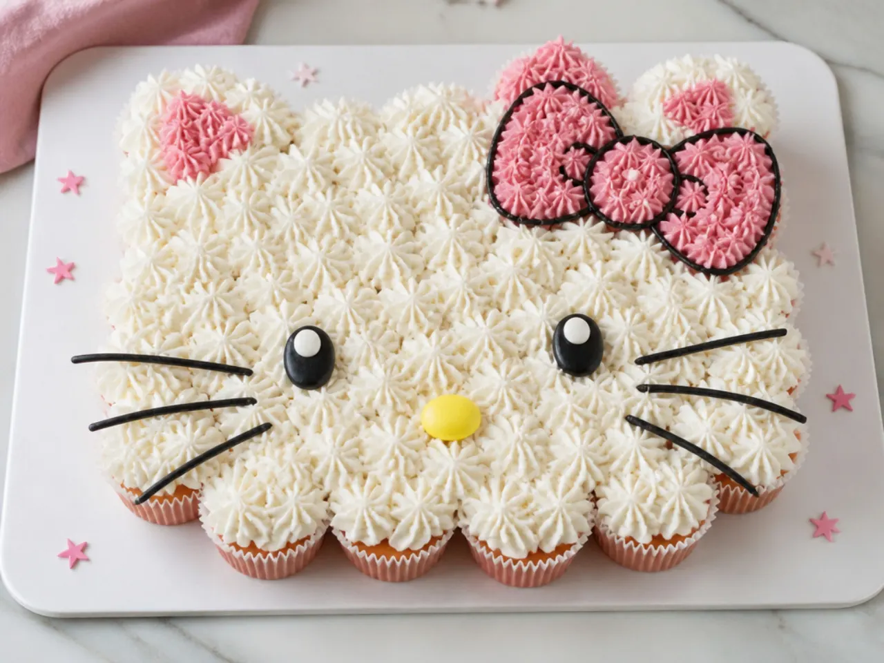 Creative Hello Kitty pull-apart cupcake cake design arranged as a face shape