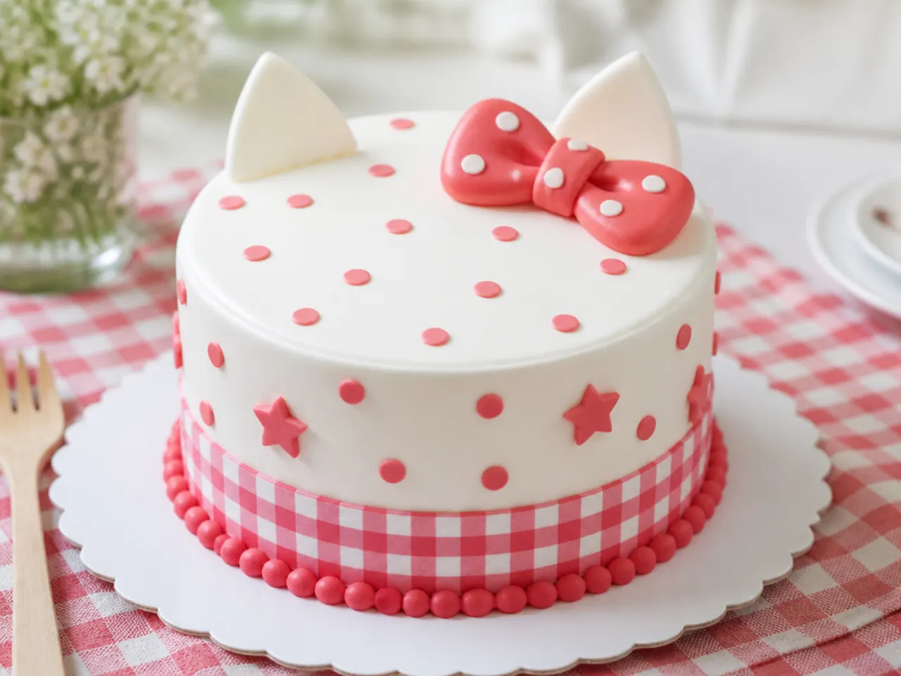 Charming Hello Kitty cake design with polka dots and gingham picnic pattern