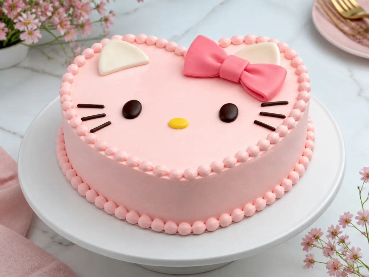 Classic heart-shaped Hello Kitty cake design with pink frosting and bow