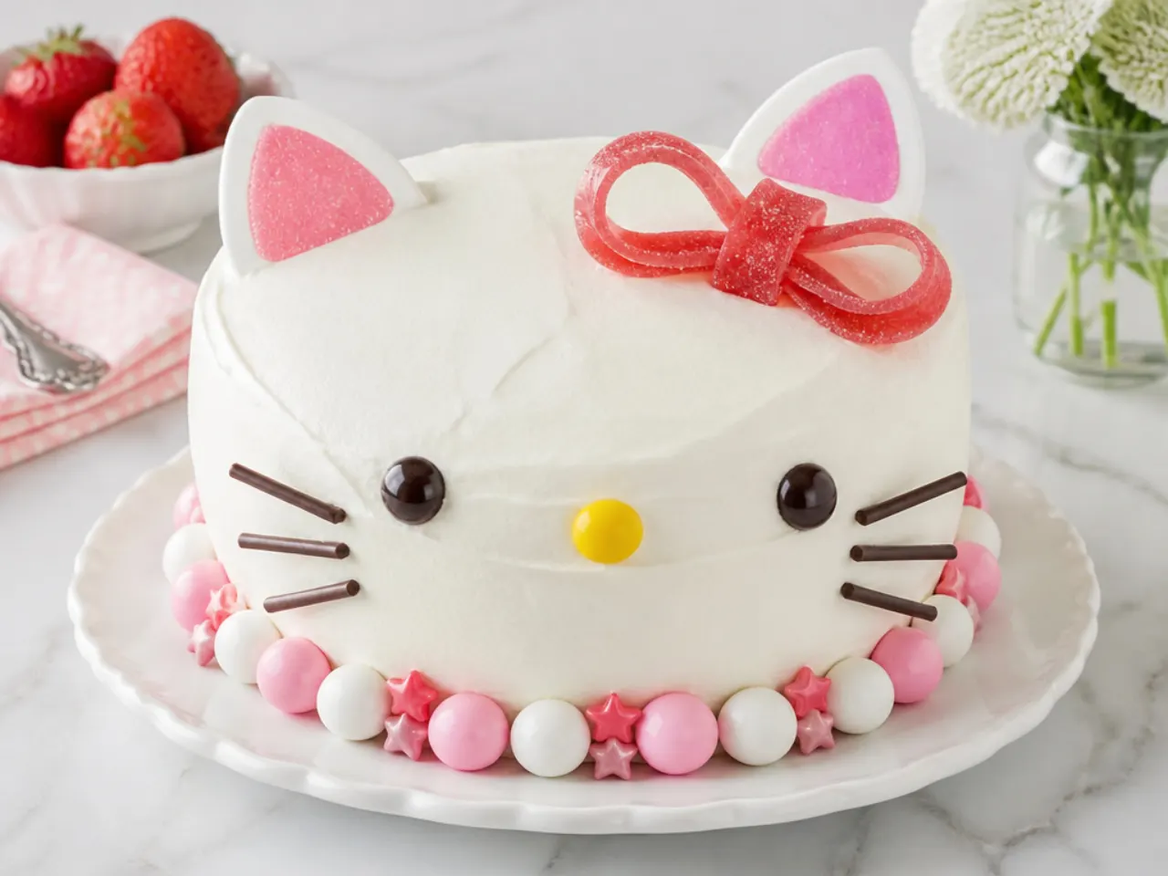 Easy no-fondant Hello Kitty cake design decorated with candy and a fruit-strip bow