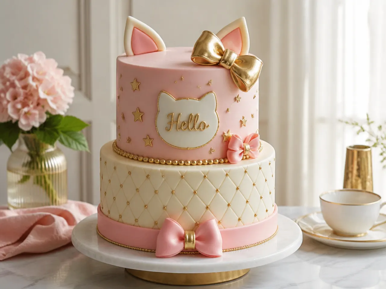 Elegant two-tier blush and gold Hello Kitty cake design