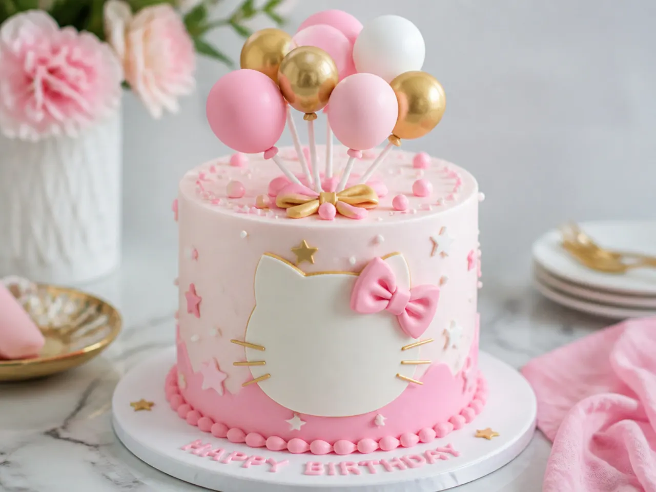 Playful Hello Kitty cake design with an edible balloon bouquet on top