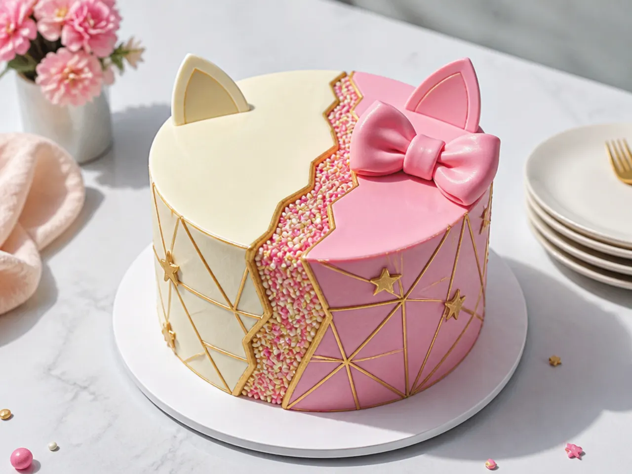 Modern geometric fault-line Hello Kitty cake design with a sprinkle stripe